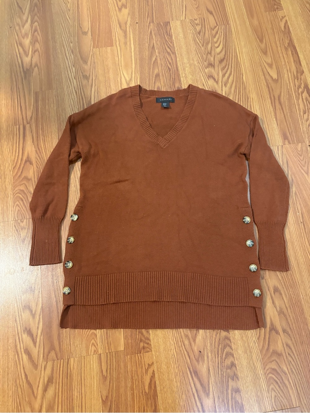 Tahari Rust V-Neck Button-Side Knit Sweater